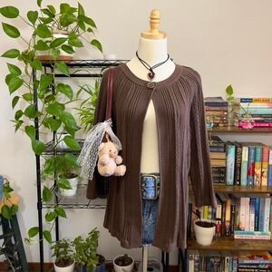 Y2K Brown Knit Cardigan Sweater Single Button Women‎ 1X Fairy Cottage 3/4 Sleeve